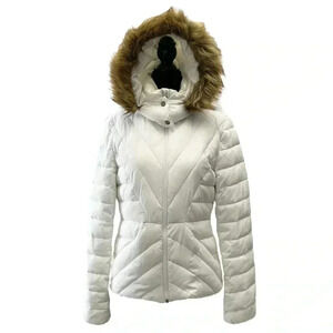 Joe Fresh Puffer Jacket Faux Fur Trimmed Hood Quilted Winter Coat White Small